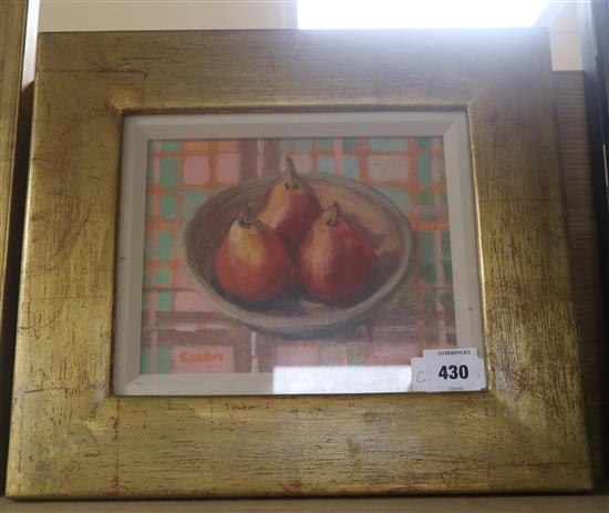 Delny Goalen, oil on canvas, Still life of pears in a bowl, signed, 19 x 24cm